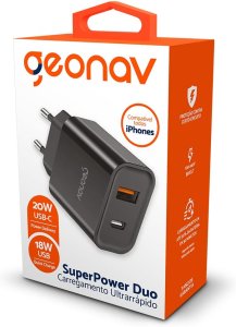 Geonav Carregador Universal Ultra Rápido Duo, 20W USB-C Power Delivery e 18W Quick Charge, Carregamento Eficiente para Android e iOS - CH20PDQCBK, Preto