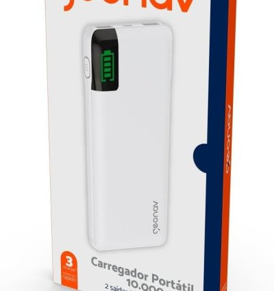 Geonav Power Bank 10.000mAh - Carregador Portátil Universal com 2 Portas USB + 1 Porta USB-C e LED Indicador de Bateria
