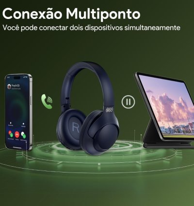 Fone de Ouvido Bluetooth QCY H3 ANC, Cancelamento de Ruído Ativo, Bluetooth 5.4, Microfone, Certificação Hi-Res Audio, Conexão Multipontos, 60h de Reprodução - Azul