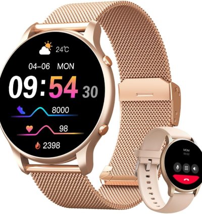 Smartwatch 1.32" Full Touch, IP68 à Prova d'Água, Ligações Bluetooth, 100+ Modos Esportivos, Notificações Inteligentes, Assistente de Voz, Compatível com iOS/Android, Inclui 2 Pulseiras (Dourado)