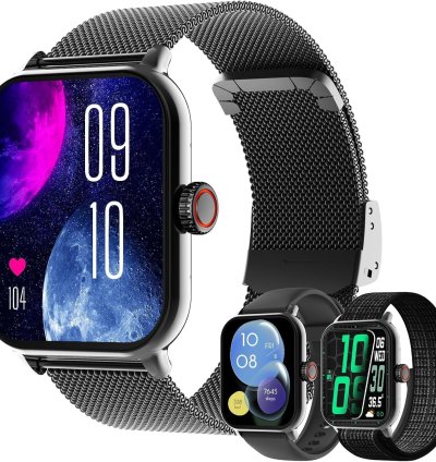 Smartwatch Full Touch 1.85" com resistência à água IP68, compatível com iOS e Android. Oferece mais de 120 modos esportivos, assistente de voz e a funcionalidade de fazer e receber ligações. Acompanha 3 pulseiras intercambiáveis.