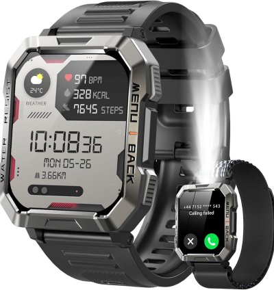 Smartwatch Masculino, Relógio de Fitness com Função de Telefone, IP68 à Prova d'Água, Bússola, 100+ Modos Esportivos, Pedômetro, Android/iOS