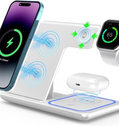 Carregador Sem Fio 3 em 1 15W Estação de Carregamento Rápido para iPhone 16/15/14/13/12/11, Apple Watch e AirPods - Função Dobrável e Luz Noturna (Branco)