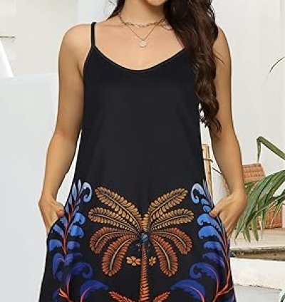 Vestido Feminino de Verão EleScat - Alças Finas, Gola V, Casual, Sem Mangas, Saída de Praia com Bolsos - De: R$169,20 - R$184,89